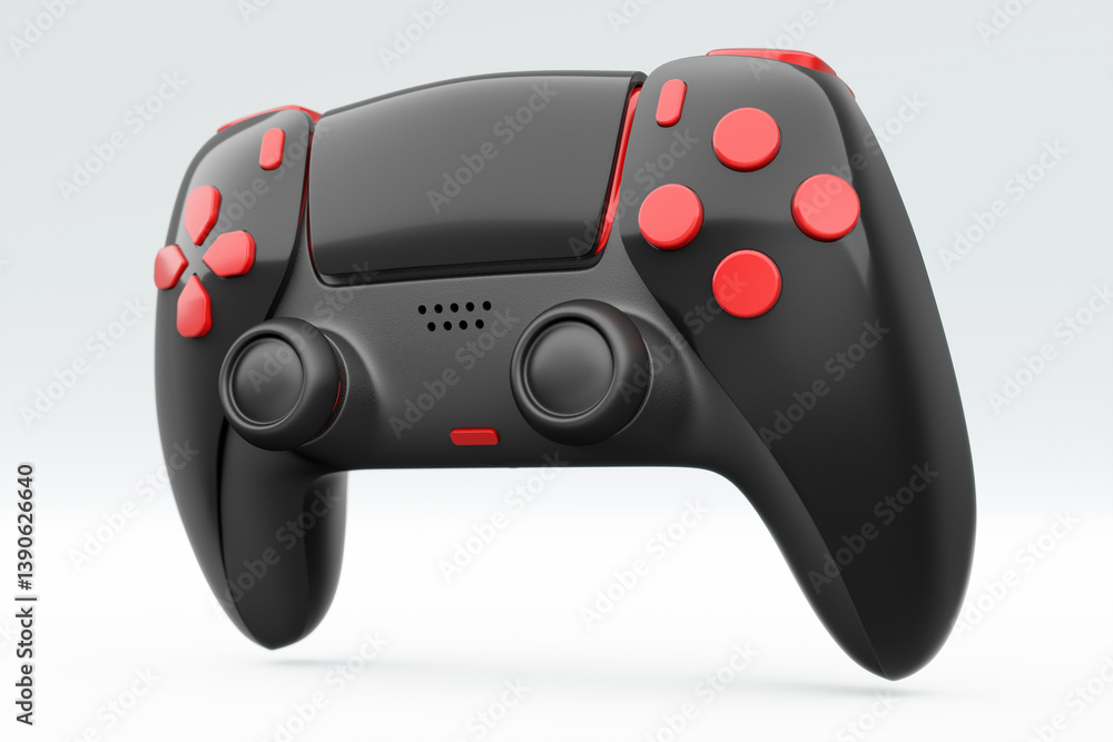 Poster realistic black video game joystick or gamepad with color buttons on white