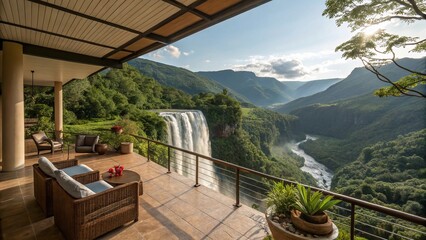 Close-Up of a Cozy Terrace with a View of a Lush Mountain Valley and Waterfall – Serene Nature Retreat - 4