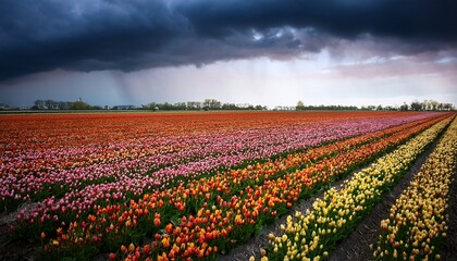 field with tulips dutch landscape rows on the field netherlands landscape with flowers during storm photo for wallpaper postcard background