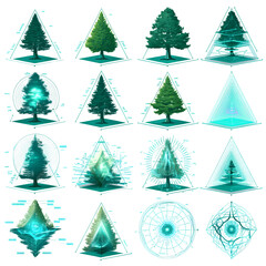 Obraz premium Stream of flat, simple tree icons (green vector) enters a prism. Icons exit transformed into complex fractal tree patterns (cyan lines). Isolated graphic elements on absolute white background.
