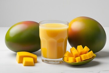 Mango juice with fresh mangoes on a white table