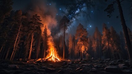 Obraz premium A massive wildfire engulfs a dense forest on a mountainside