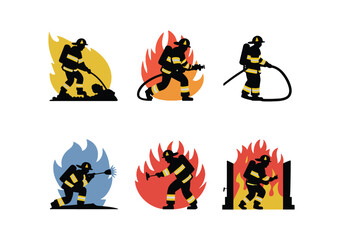 Firefighter silhouette icons - Set of six firefighting poses with hoses and flames for emergency designs