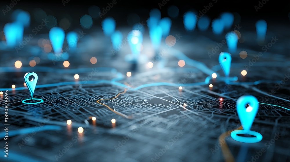 Poster glowing blue location pins on detailed city map navigation technology digital network modern citysca