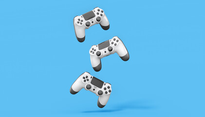 Realistic white video game joysticks or gamepads on blue background © Vasyl Onyskiv
