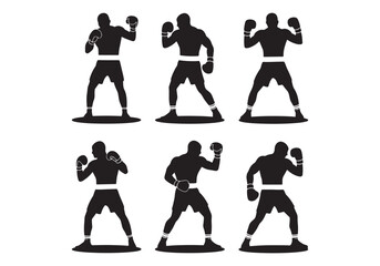 Boxer silhouette icons - Set of six boxing action poses with gloves and fighting stances