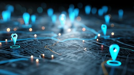 Glowing Blue Location Pins on Detailed City Map Navigation Technology Digital Network Modern Cityscape Urban Planning Geographic Information System GPS Tracking System High Tech Map Interface         