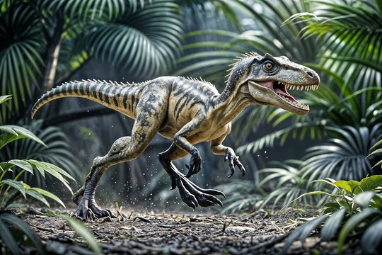 lifelike depiction of a velociraptor a small yet formidable dinosaur set against a natural backdrop of greenery dinazor dinosaurio dinosaurier dinozor