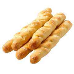 A view of several golden brown breadsticks stacked on each other on transparent background