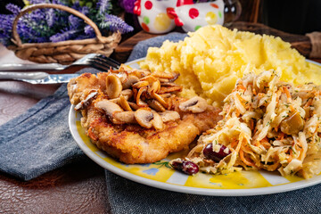 Traditional pork chop with mushrooms.