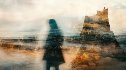 A blurred image of a person standing near a rocky cliff