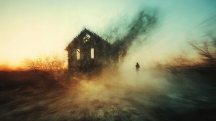 A smoky house with a human figure walking in a field