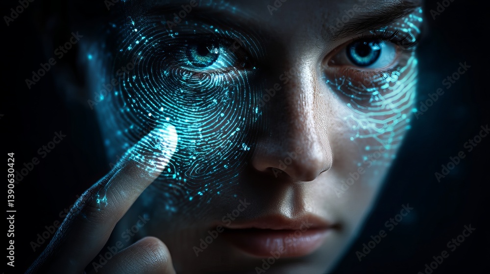 Poster futuristic biometric technology woman face fingerprint scan digital identity authentication system m