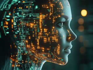 Cybernetic Fusion: A visionary illustration of a female figure, her face subtly melded with advanced circuitry, embodying a future where technology and humanity converge in a seamless embrace.