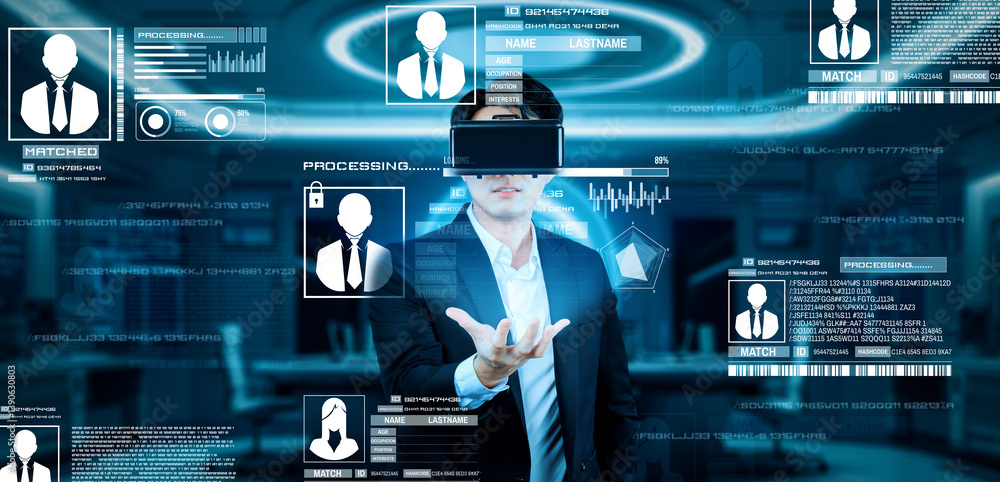 Poster project manager holding security system hologram and standing at futuristic office with blue glowing