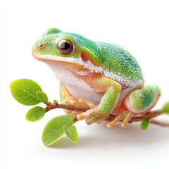 Fototapeta premium Green tree frog resting on a branch with leaves on white background