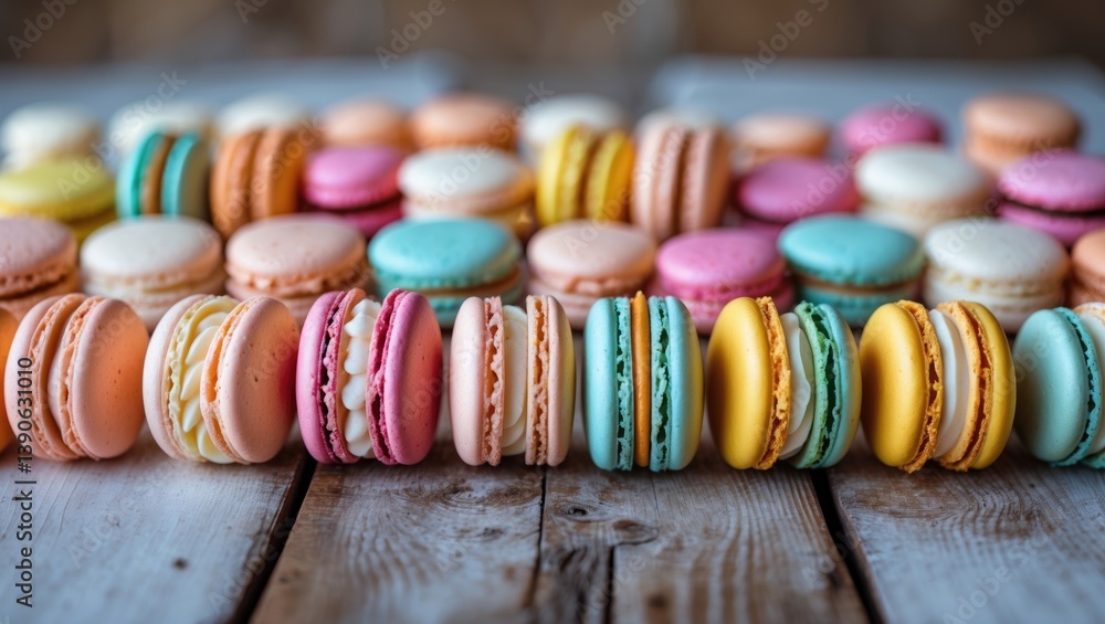 Poster vibrant array of assorted macarons organized in a tidy row, ideal for a food-themed background or ba