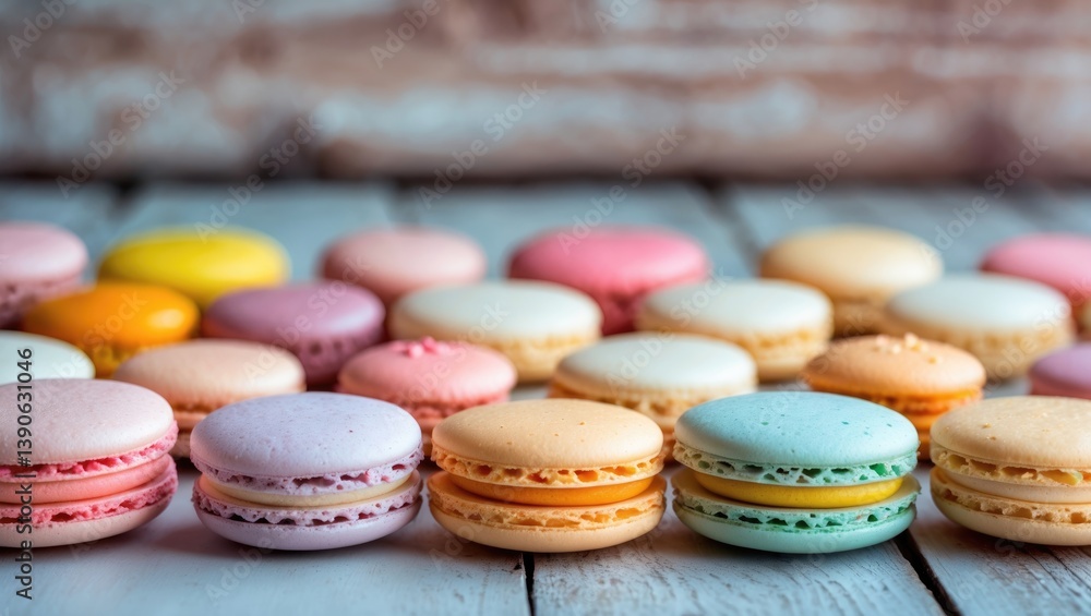 Poster vibrant assortment of various macarons displayed neatly in a row, ideal for a food-themed background