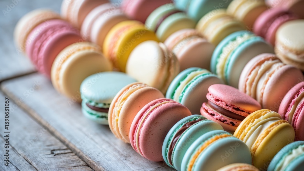 Poster Vibrant array of various macarons displayed neatly in a row, ideal for a food-themed background or banner.