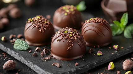 Obraz premium Luxurious chocolate truffles with chocolate shavings and pistachios, placed on a dark slate surface, showcasing gourmet elegance and artisanal craftsmanship