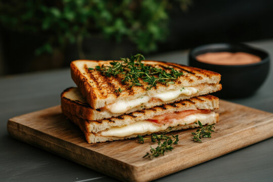A sandwich with cheese and herbs sits on a wooden cutting board