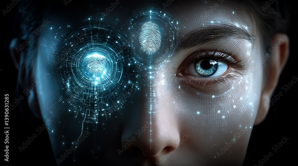 Poster futuristic biometric technology digital face scan futuristic eye fingerprint security system modern 