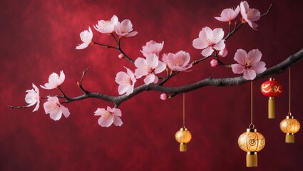 Vivid red background featuring cherry blossoms and a small lantern. Happy New Year theme.