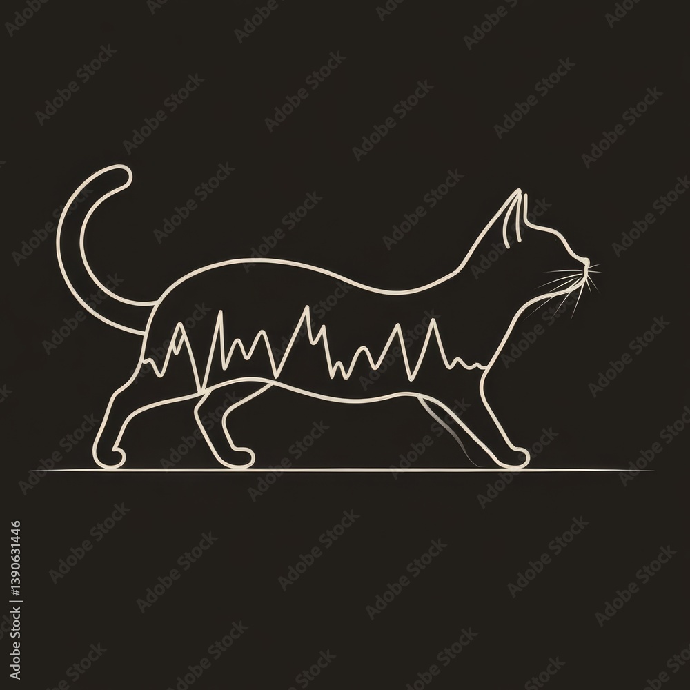 Aufkleber elegant line art of a cat walking with an abstract ekg pattern inside on a black background, modern 