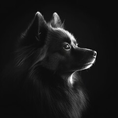 Obraz premium Elegant Monochrome Portrait of a Black Spitz Dog in Profile, Bathed in Soft Light Against a Dark Backdrop.