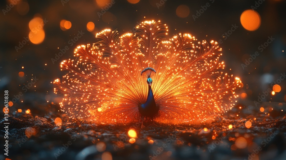 Poster majestic peacock displaying vibrant feathers with glowing sparks in a mystical forest setting