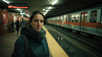 Obraz premium A moody urban portrait of a woman at a subway platform, muted teal and rust-orange tones, calm expression