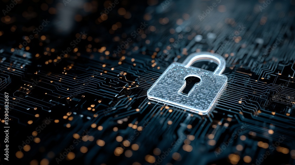 Poster digital security padlock on circuit board technology abstract background modern data protection netw
