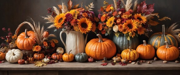 Vibrant Autumn Harvest with Colorful Pumpkins and Fall Flowers