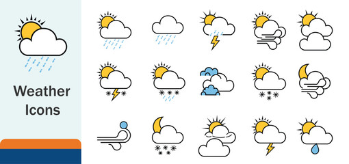 Weather Icons Collection, Set of Weather Condition Icons, Illustrated Weather Symbols, Weather Forecast Icons, Line Art Weather Icon Set