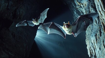 Two bats flying in a dark cave illuminated by a beam of light