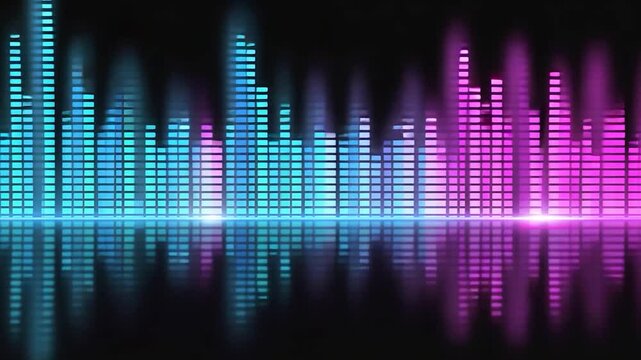 Colorful audio equalizer animation, vibrant sound waves, dark background, music visualization