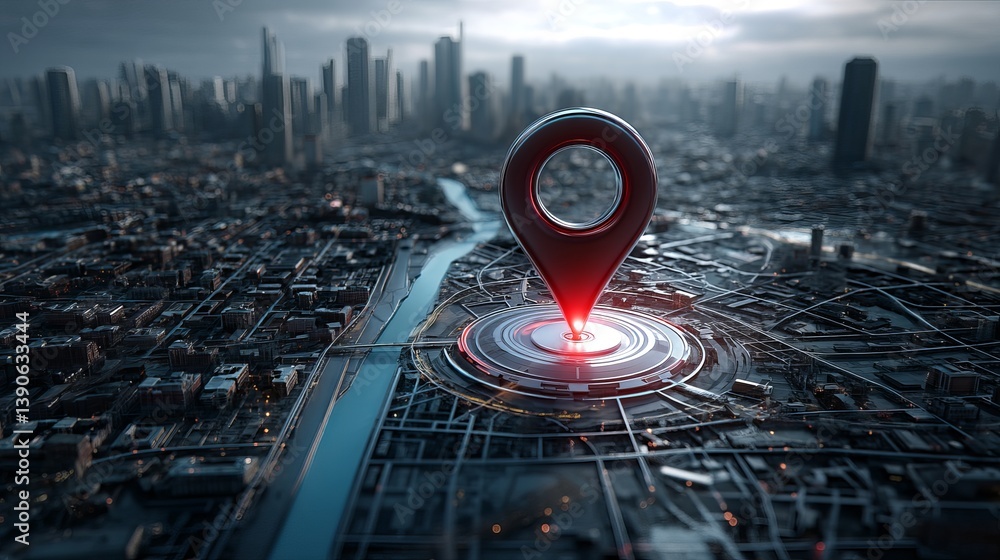 Aufkleber modern cityscape location pinpoint navigation technology futuristic urban map design red metallic po