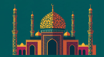 Stylized representation of an Islamic mosque with minarets and geometric dome