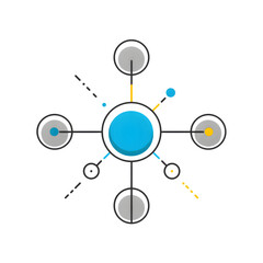 Ultra-minimalist iconography: single blue circle connected to three smaller grey circles by thin straight lines, tiny yellow dot flare on central circle, isolated symbol on absolute white.