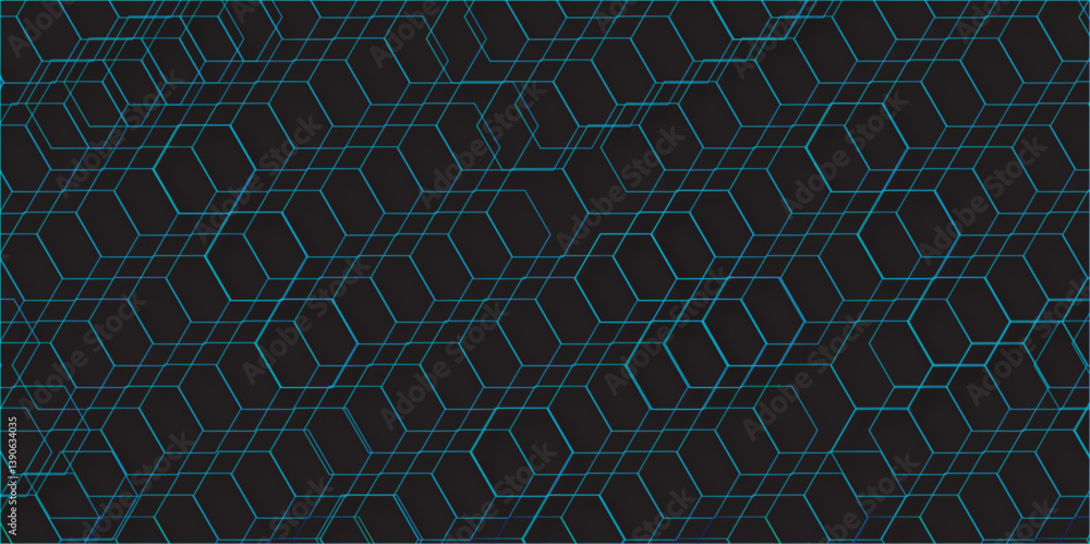Poster luxury hexagonal abstract black metal background with golden light lines. dark 3d geometric texture 
