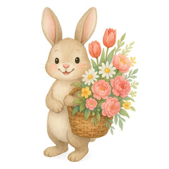 A cheerful bunny standing with a basket overflowing with watercolor-painted spring flowers such as tulips, daisies, and peonies.