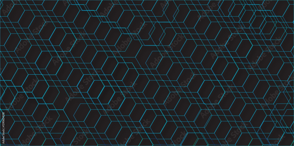 Poster luxury hexagonal abstract black metal background with golden light lines. dark 3d geometric texture 