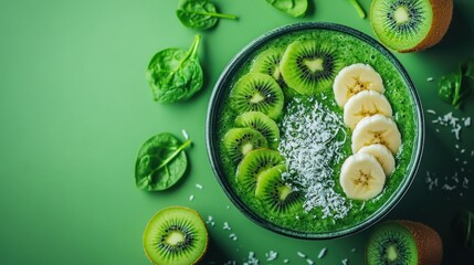 Vibrant green smoothie bowl, topped with kiwi, banana, spinach, and coconut