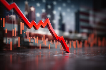 Red arrow diagraphs showing big money stock market crash and recession, blurred US flag in the background