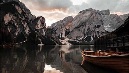 Obraz premium Golden Hour on Braies Lake with Boats and Dolomite Peaks – Photorealistic Landscape