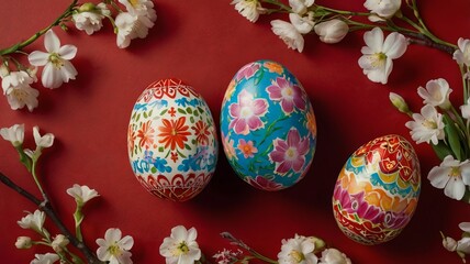 Fototapeta premium Close-Up Top View of Decorated Easter Eggs with Colorful Blossoms on Red Background