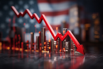 Red arrow diagraphs showing big money stock market crash and recession, blurred US flag in the background