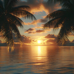 Peaceful tropical sunset over ocean with palm trees silhouetted high resolution picture