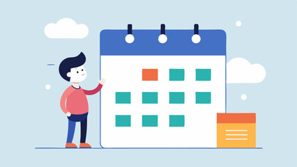 Content Calendar An illustration of a wall calendar marked with various dates and notes about content release dates with a character scheduling in front promoting organized