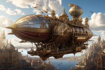 Steampunk Airship Floating Over a Victorian City